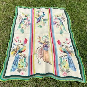 VINTAGE Peacock Bird Handmade Needlepoint Crochet Throw Blanket Afghan